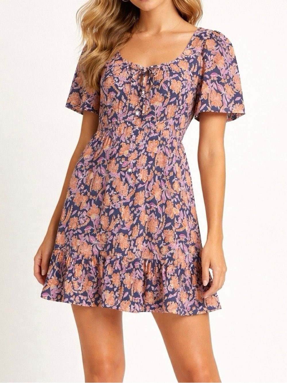 J. Crew Navy Floral Mini Dress with Pink and Orange Accents